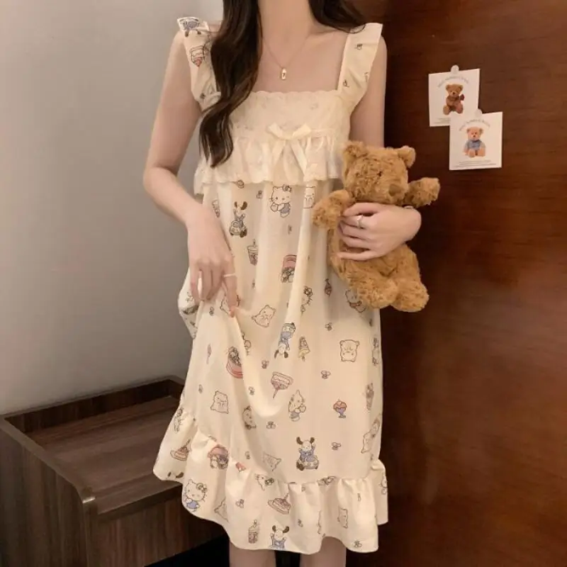 

Sanrio Hello Kitty ночная рубашка для молодых девушек Kawaii мультфильм студенческая летняя пижама без рукавов для отдыха комплект домашней одежды для отдыха платье новый