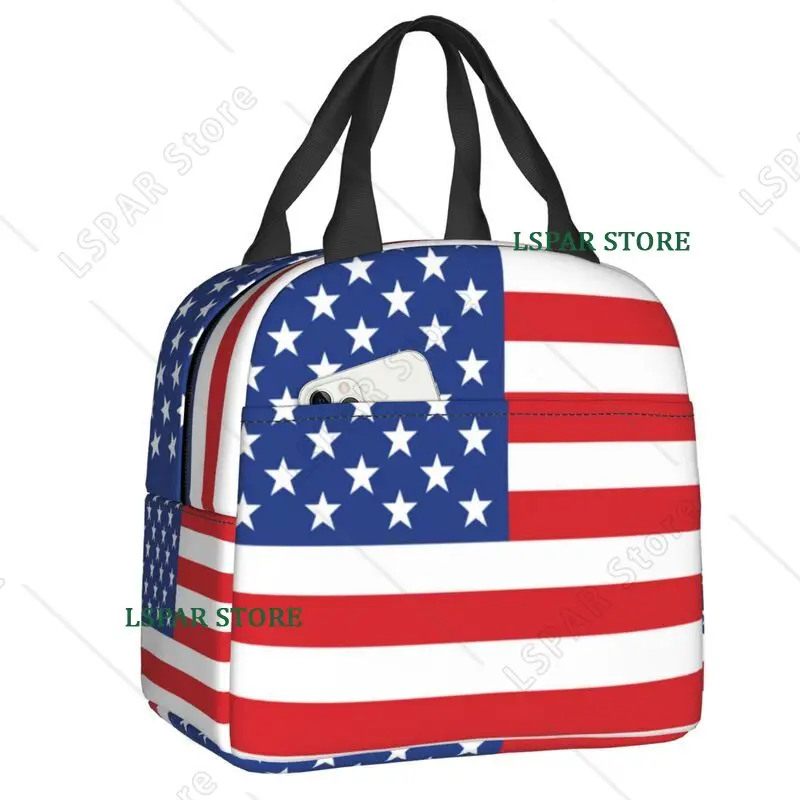 USA American Flag Thermal Insulated Lunch Bags Women United States US Stars Portable Lunch for Camping Travel Food Box