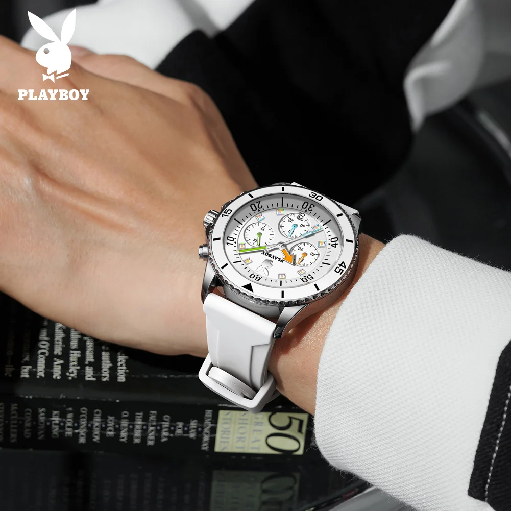 PLAYBOY Top Brand Original Silicone Strap Multifunction Quartz Watches for Men Best Selling Fashion Trend Men's Wrist Watches