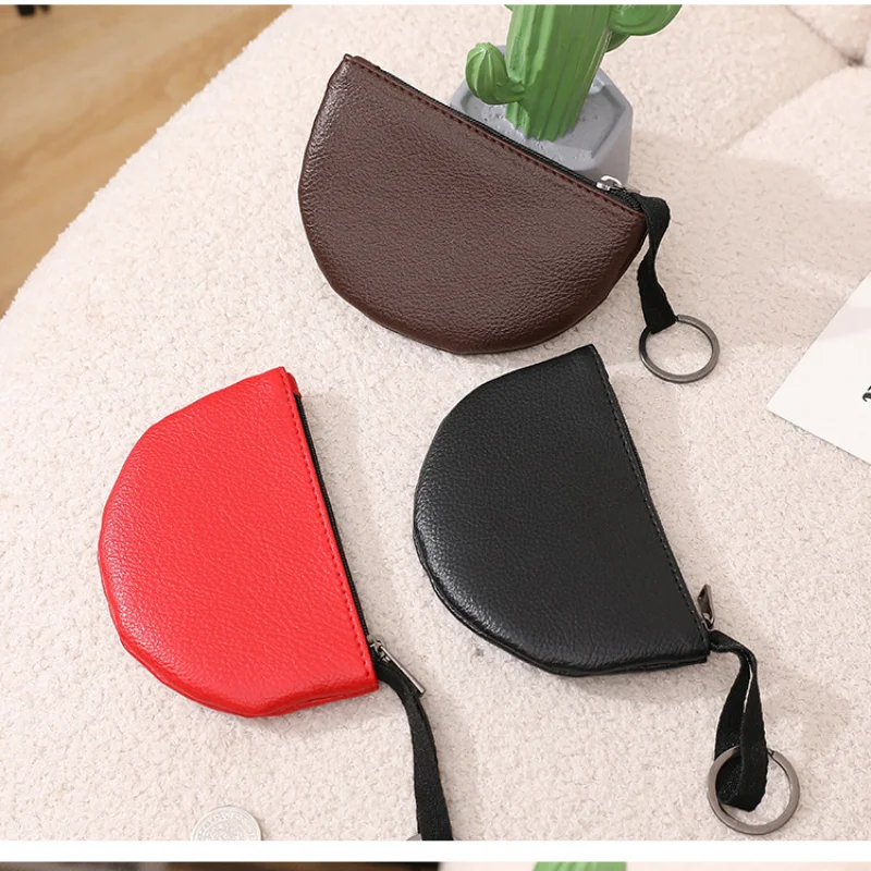 2024 Litchi Pattern Half Round Cute Wallet Soft Leather Ultra Thin Coin Bag Key Lipstick Storage Bag Kids Coin Purse Kawaii Bag