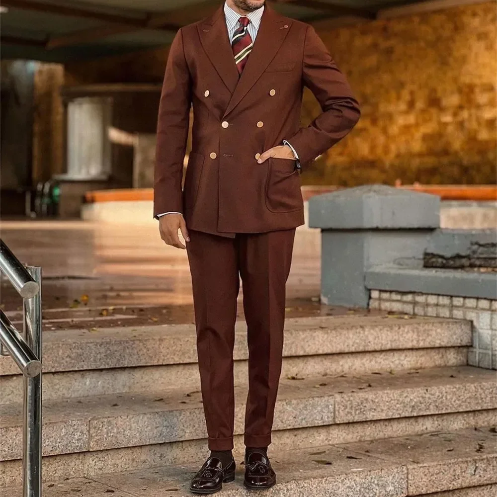 

Brown Men Suits 2 Piece (Blazer+Pants) Fashion Peak Lapel Double Breasted Business Casual Wedding Tuxedo Daily Party Prom 2024