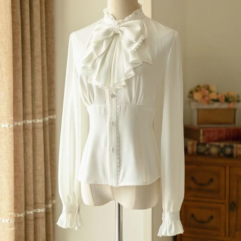 

Японские винтажные элегантные рубашки в стиле Лолиты, женские весенне-осенние повседневные блузки с длинным рукавом и бантом, топы в викторианском стиле, однотонные блузки в стиле ретро