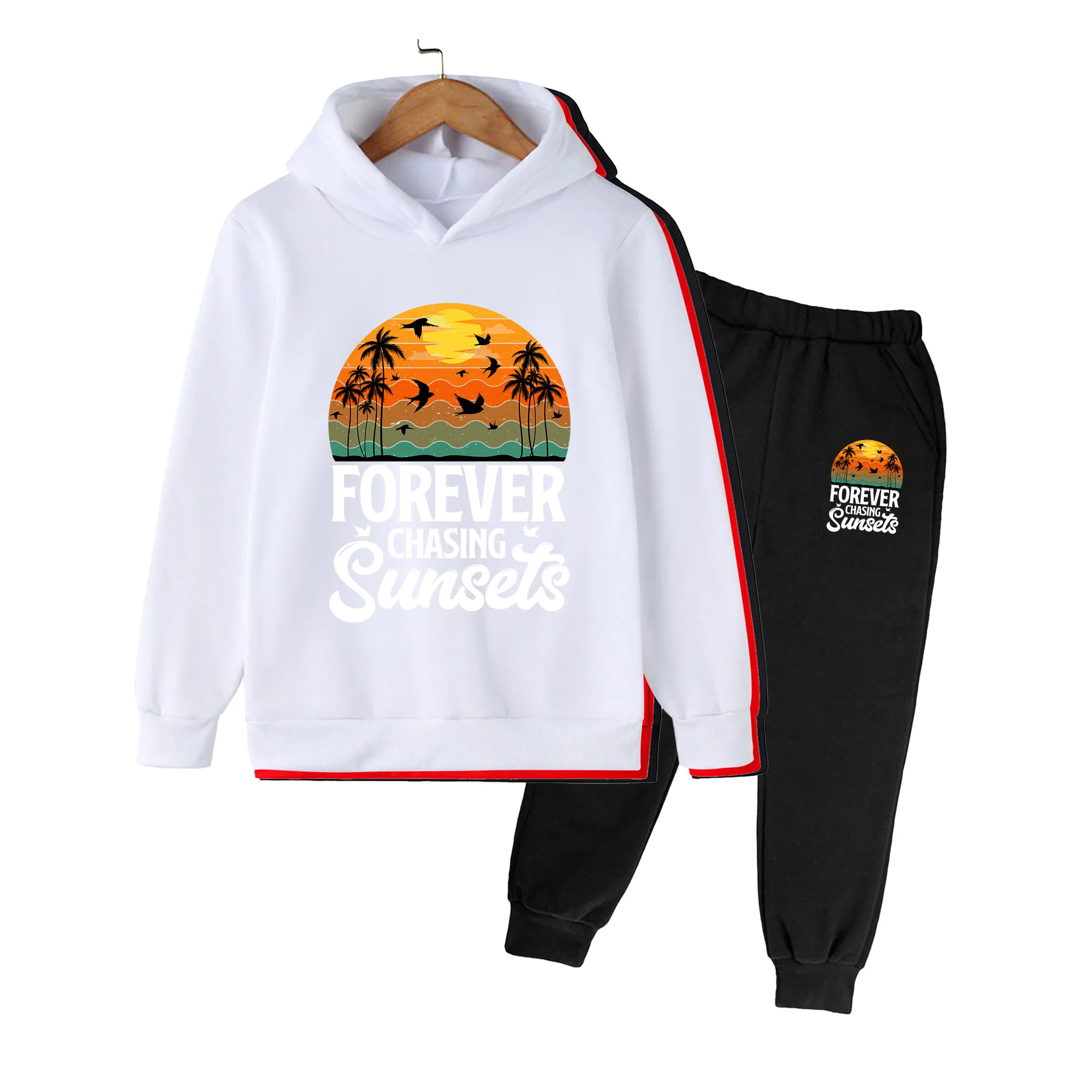 Kids Hoodie & Sweatpants Set, Retro Tropical Sunset Print, Casual Outfit for Boys & Girls, Beach Vacation Daily Wear