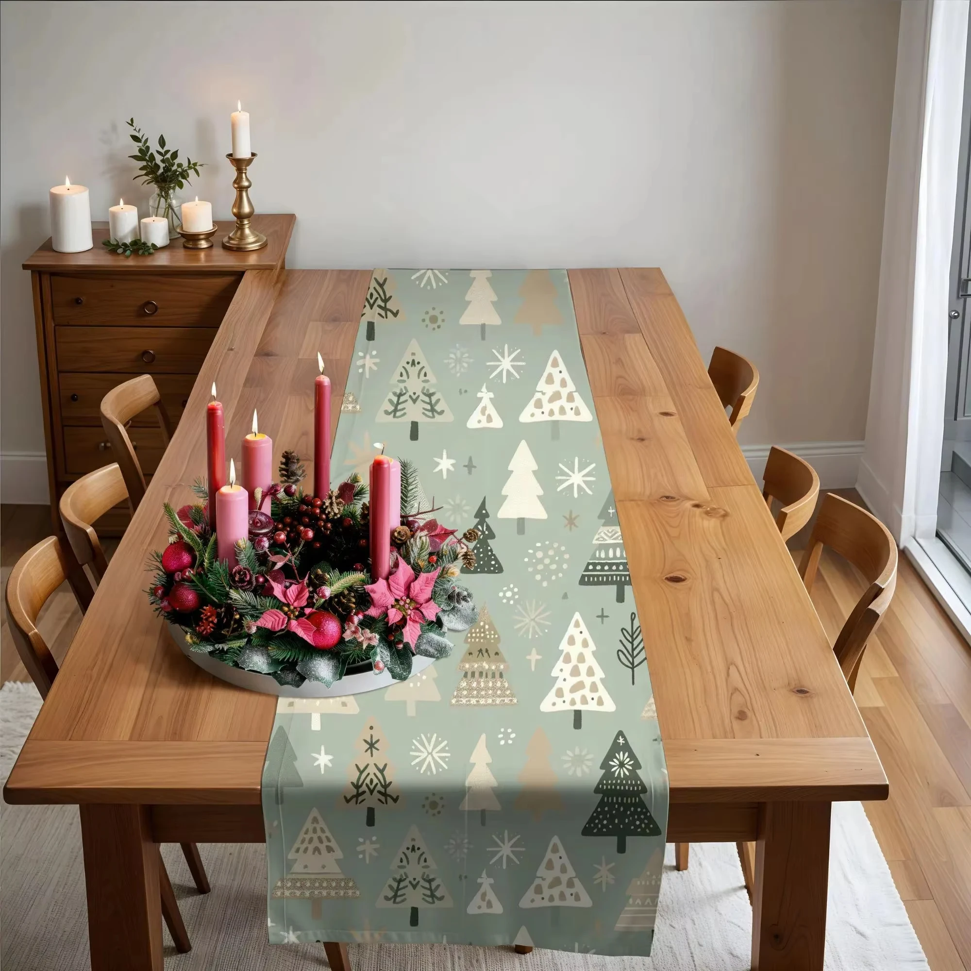 Boho Scandinavian Sage Green Christmas Table Runner | Christmas Tree Design   | Decor for Dining Table & Christmas Party