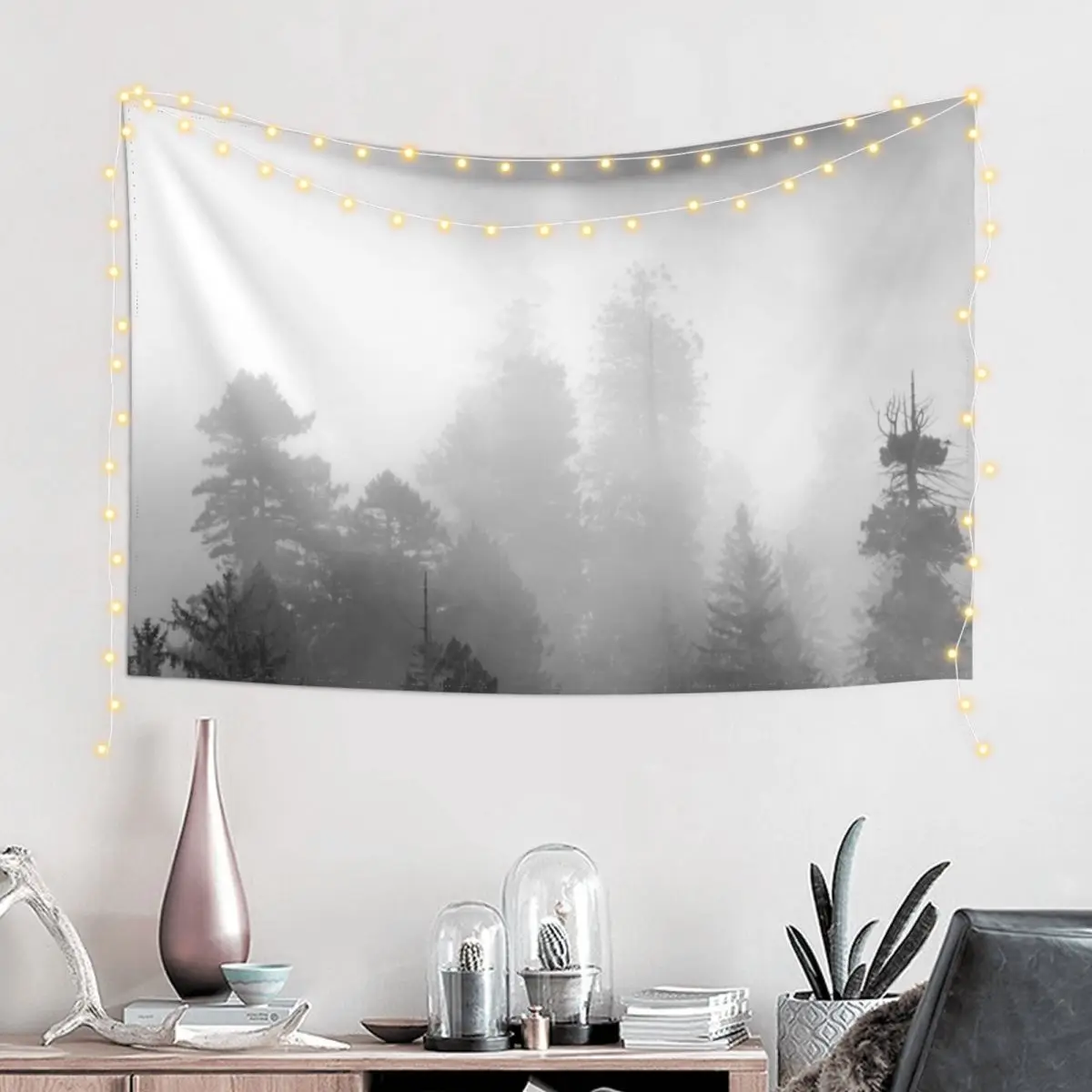 Redwood Forest Morning Black and White - Foggy Mountain Trees Nature Photography Tapestry Cute Decor Mushroom Tapestry