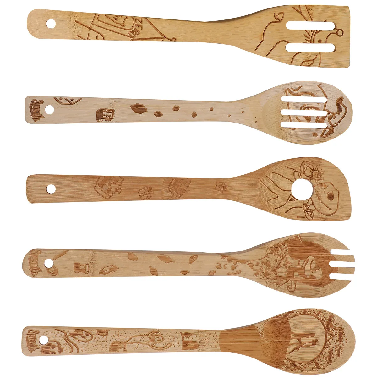 

5pcs Bamboo Shovel Spoon Set Safe Material Protect Pan Customizable Pattern Kitchen Utensils Cooking Tools