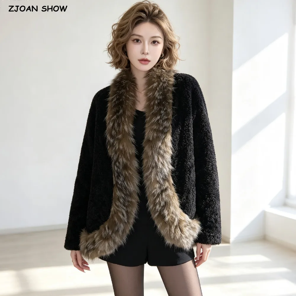 Winter Women Black Double-faced Faux Fur Spliced V Neck Faux Fox Fur Coat No Button Long Sleeve Loose Warm Shaggy Outerwear