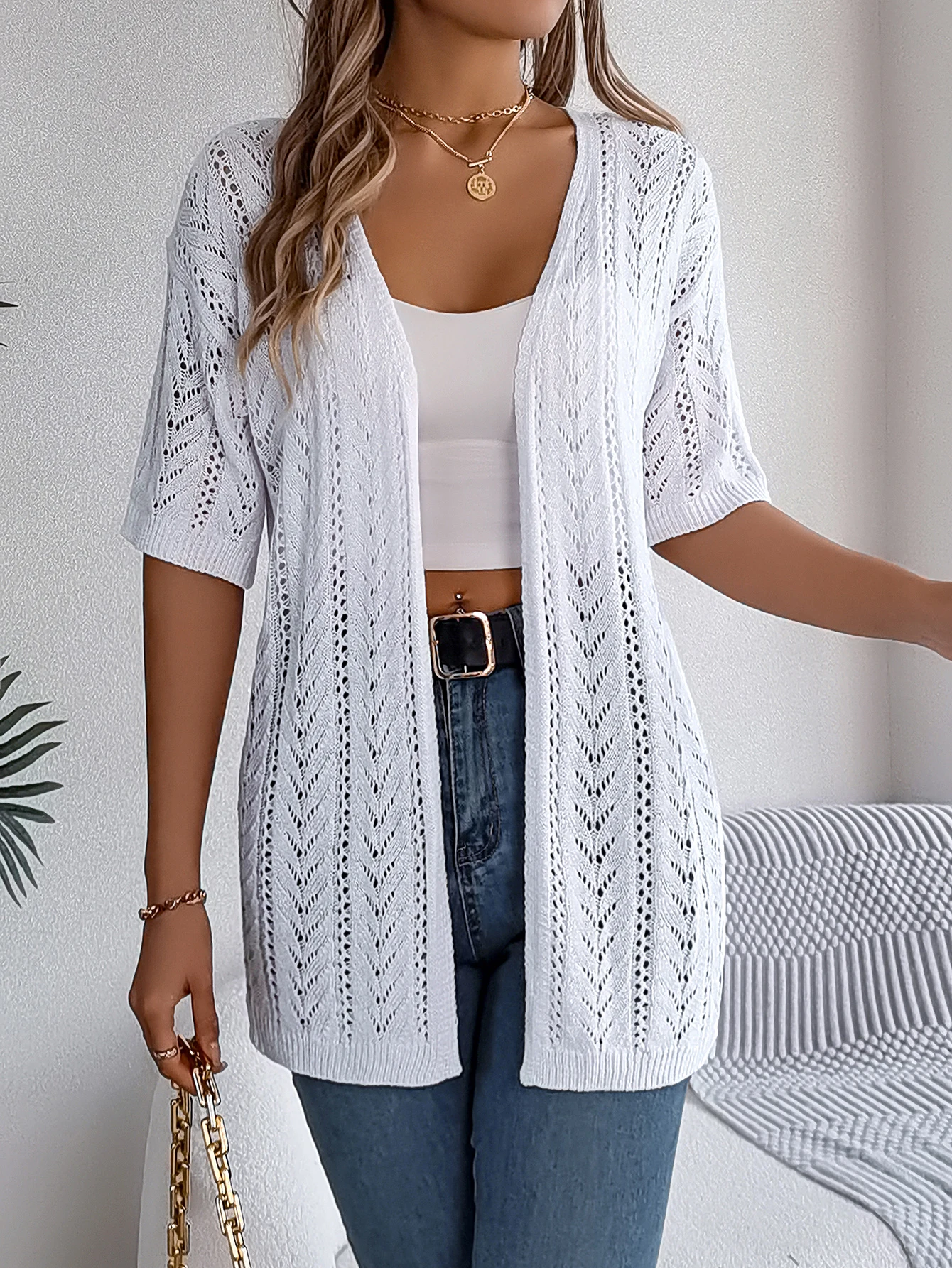 Spring and Summer Elegant Knitted Cardigan Hollow Out Short Sleeved Sun Proof Tops for Women