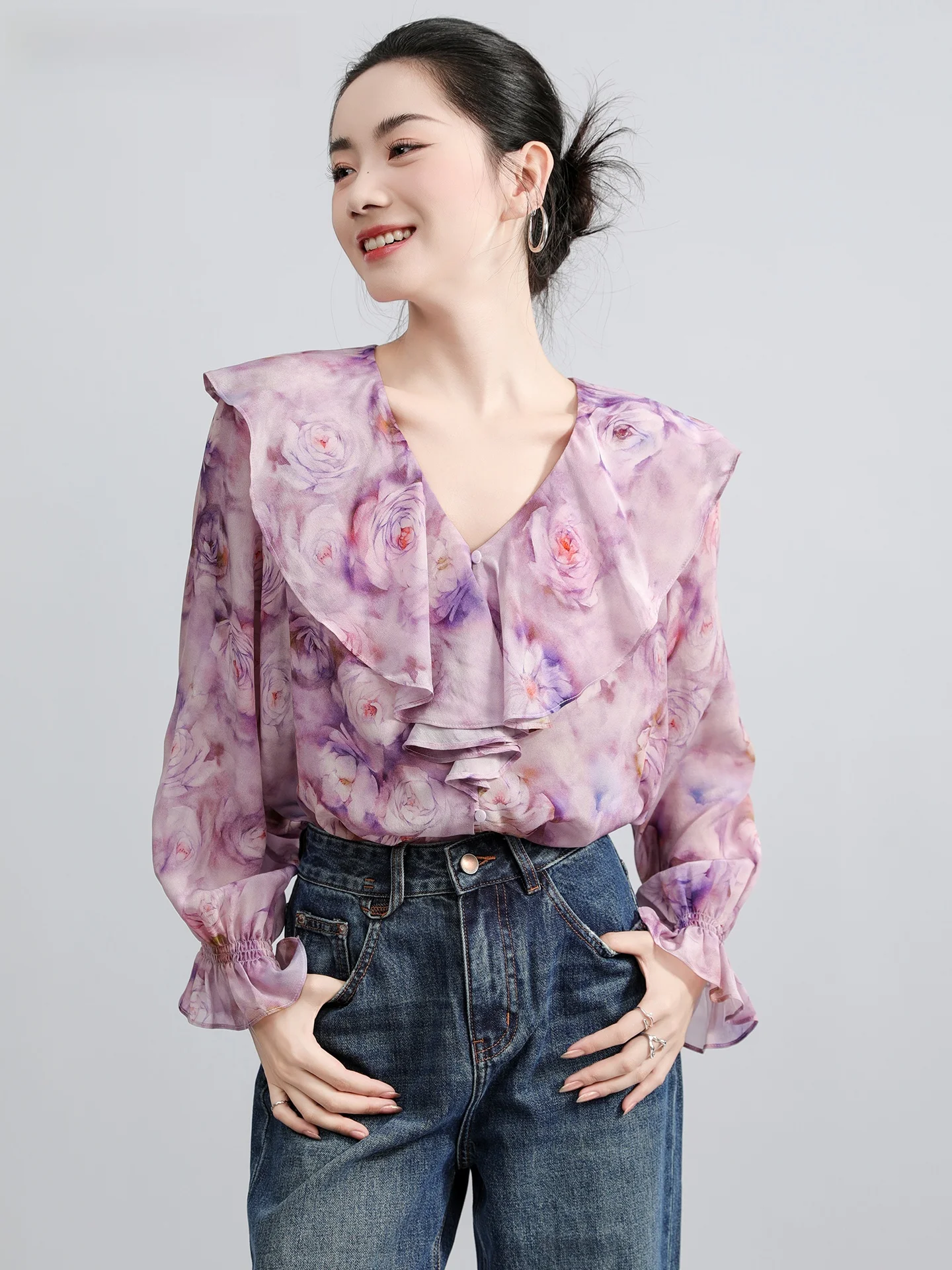 

Ele Purple Silk irt Women's V-ne Slimming High-end Feel Long Sve Floral Pattern Breathable Spring New Arr...