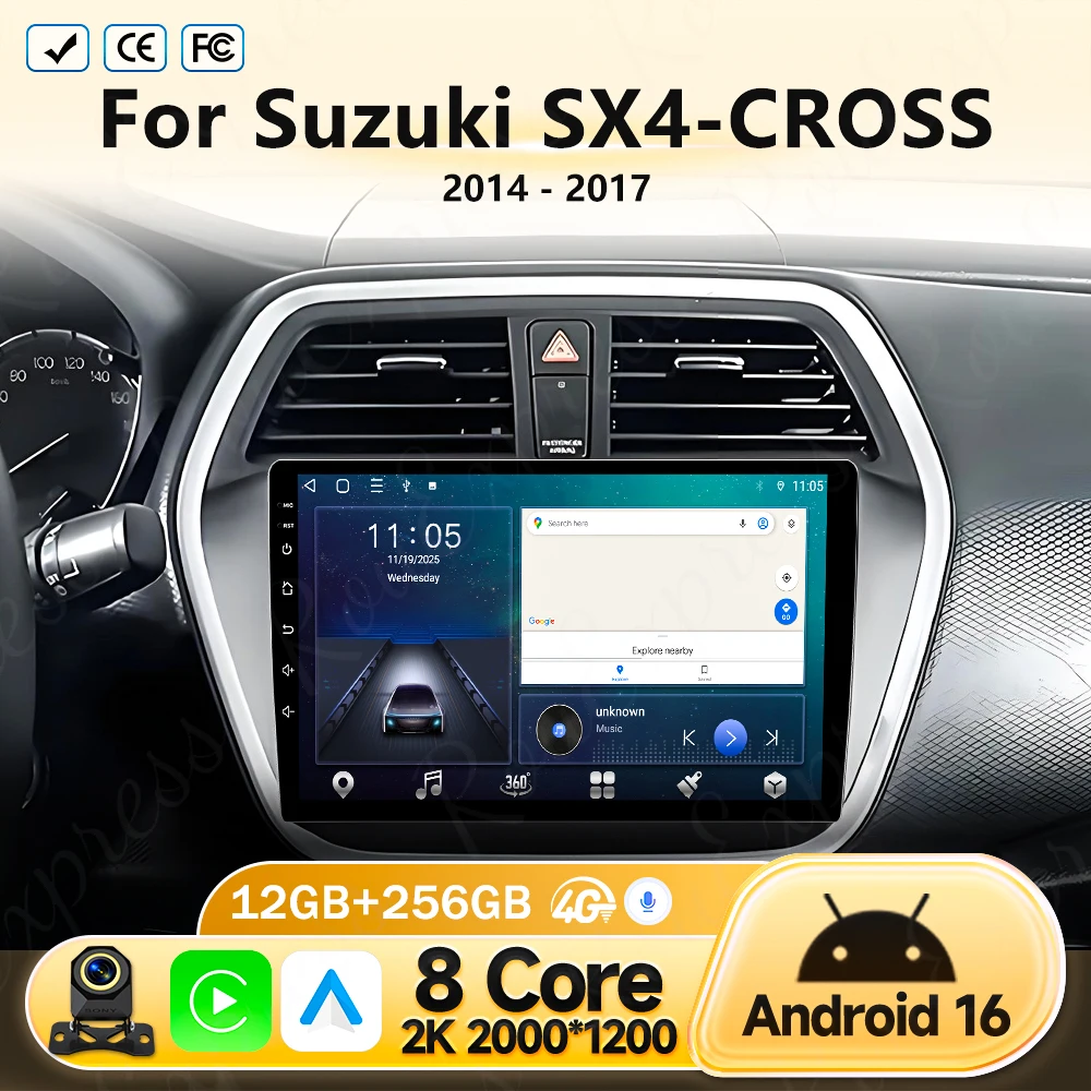 

Автомагнитола Android 16 с Carplay, Auto, WIFI, 4G для Suzuki SX4-CROSS 2014-2017, мультимедийный видеоплеер, навигация GPS, стереосистема