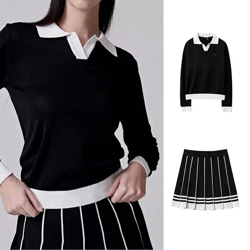 2026 New Women Golf Outfit Long Sleeve Knit Lapel Top Pleated Skirt 2 Piece Set Fashion Casual Sports Golf Suit