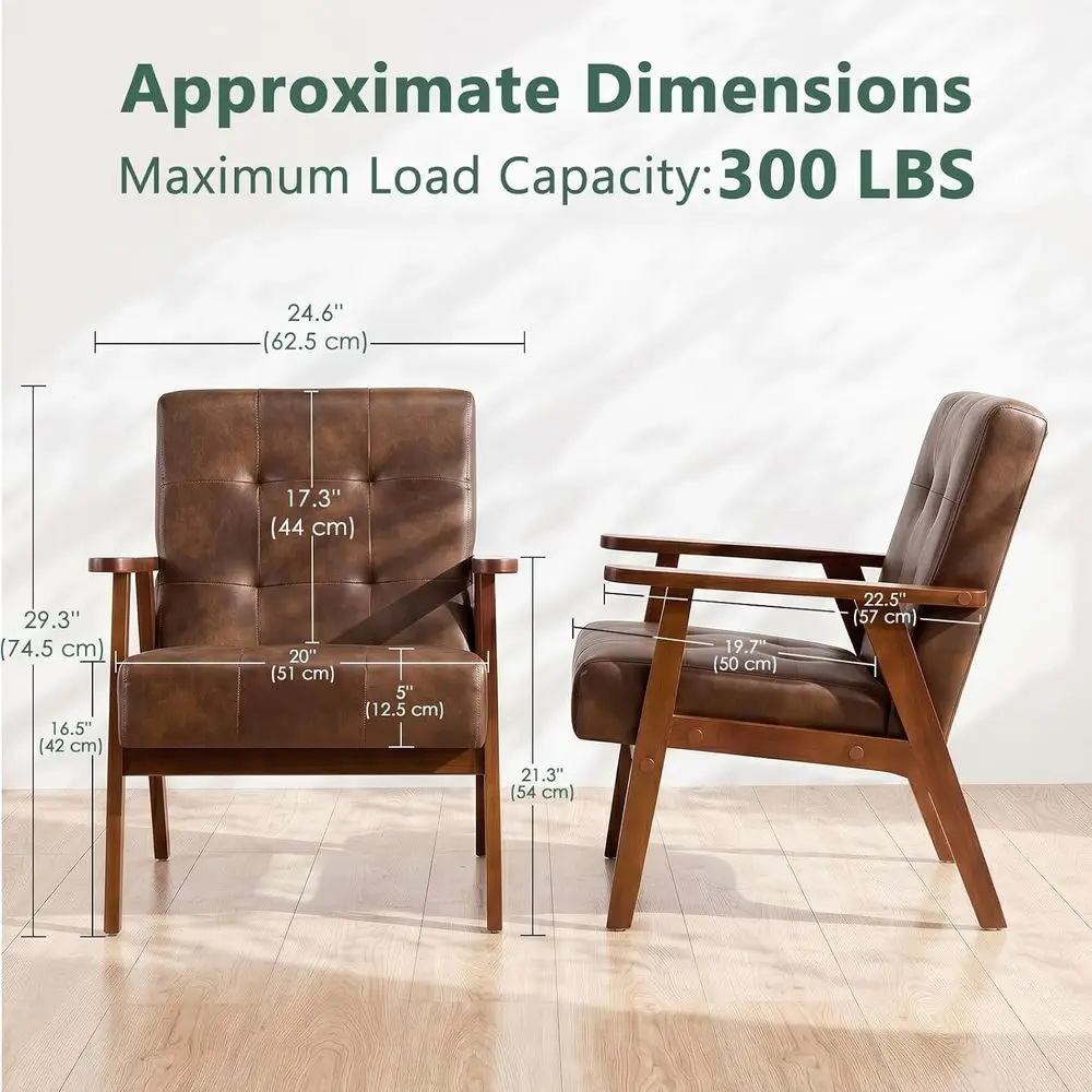 Century ern PU Leather Accent Chair, Solid Wood e Button Tuted High Back Armchair, Thick Cushion Upholstered Reading Leisure Cha