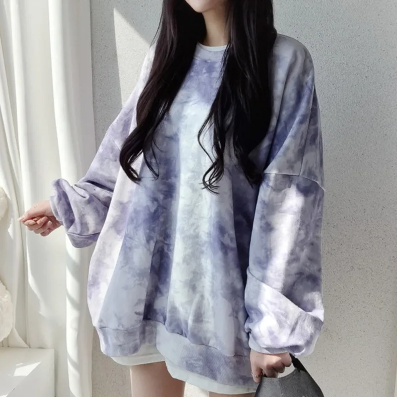 2024 Autumn Tie Dye Long Sleeve Hoodie Loose Tops Women Sweatshirt Cotton Pullovers Casual Female Fashion Streetwear Tops