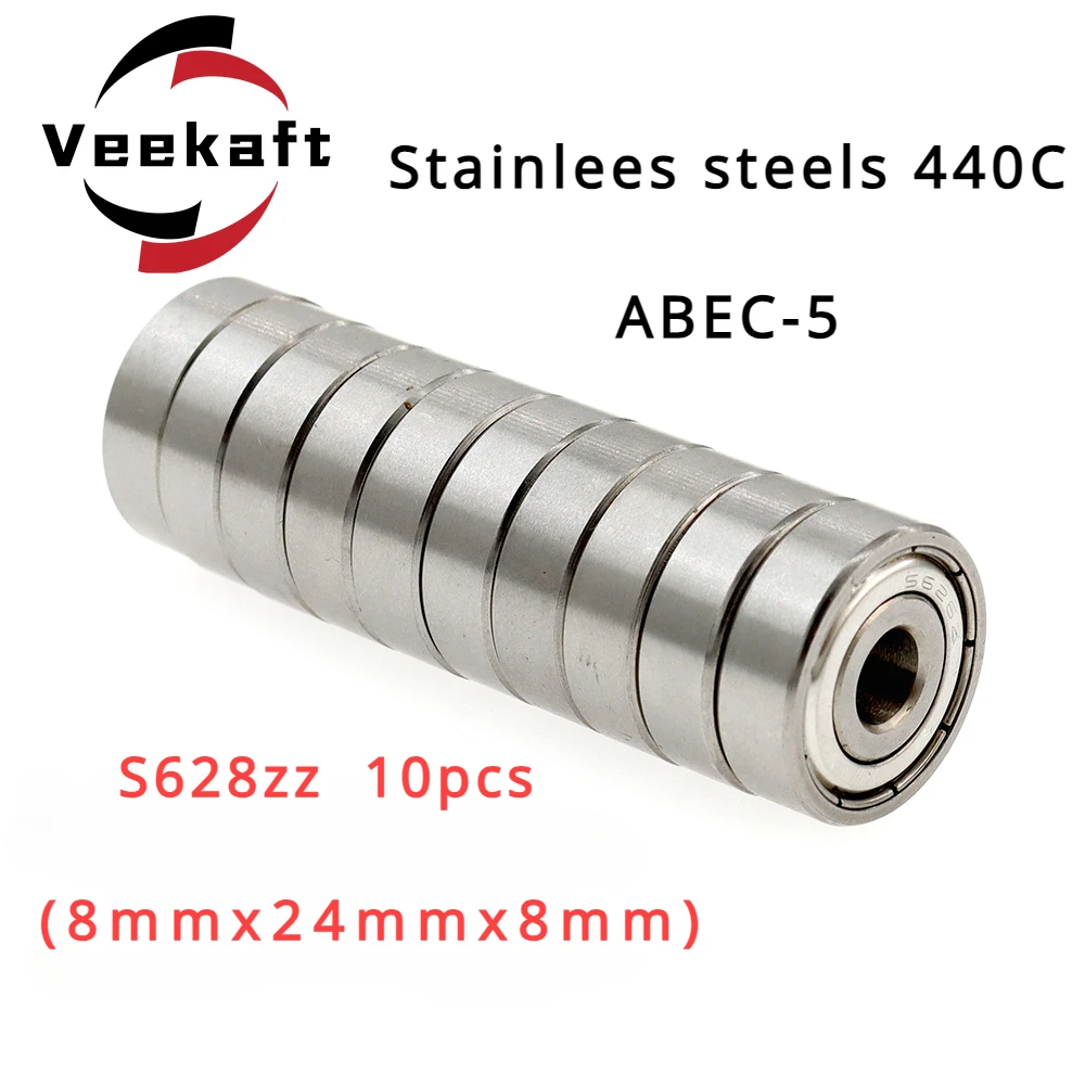 Veekaft Stainless Steel 440C ABEC-5 Miniature Deep Groove Ball Bearings S628zz 8mmx24mmx8mm 10pcs