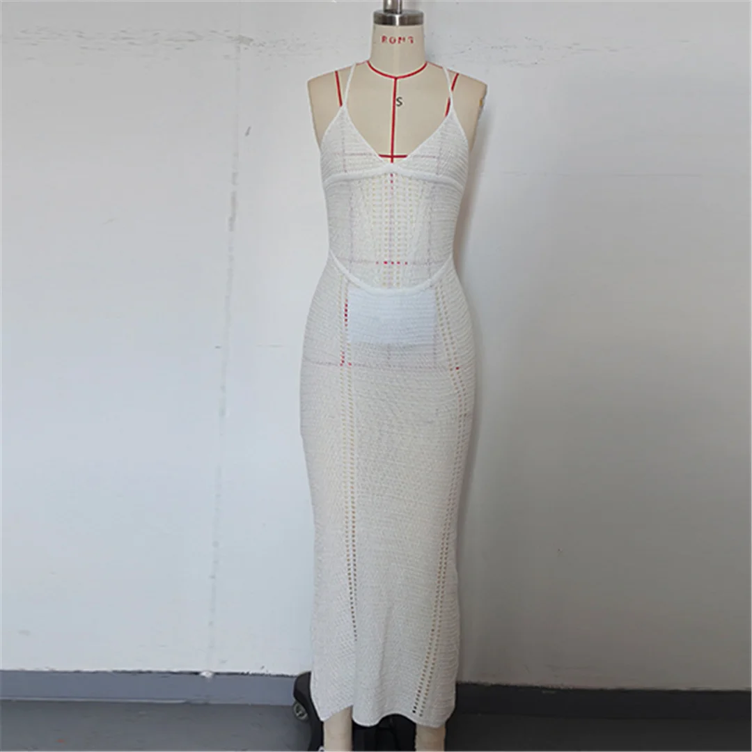 V-Ausschnitt, überkreuzter Rücken, ausgeschnittenes, gehäkeltes, gestricktes Tunika-Strandkleid, Strandkleid, Strandmode, Damen V7122 – Detail 3