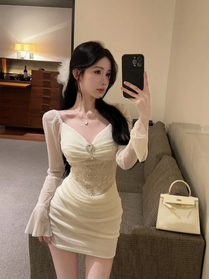 

Женское платье Pure Desire с кружевным дизайном, весеннее, приталенное, с утягивающей талией, короткой юбкой, длинными рукавами, из полиэфирного волокна, облегающее