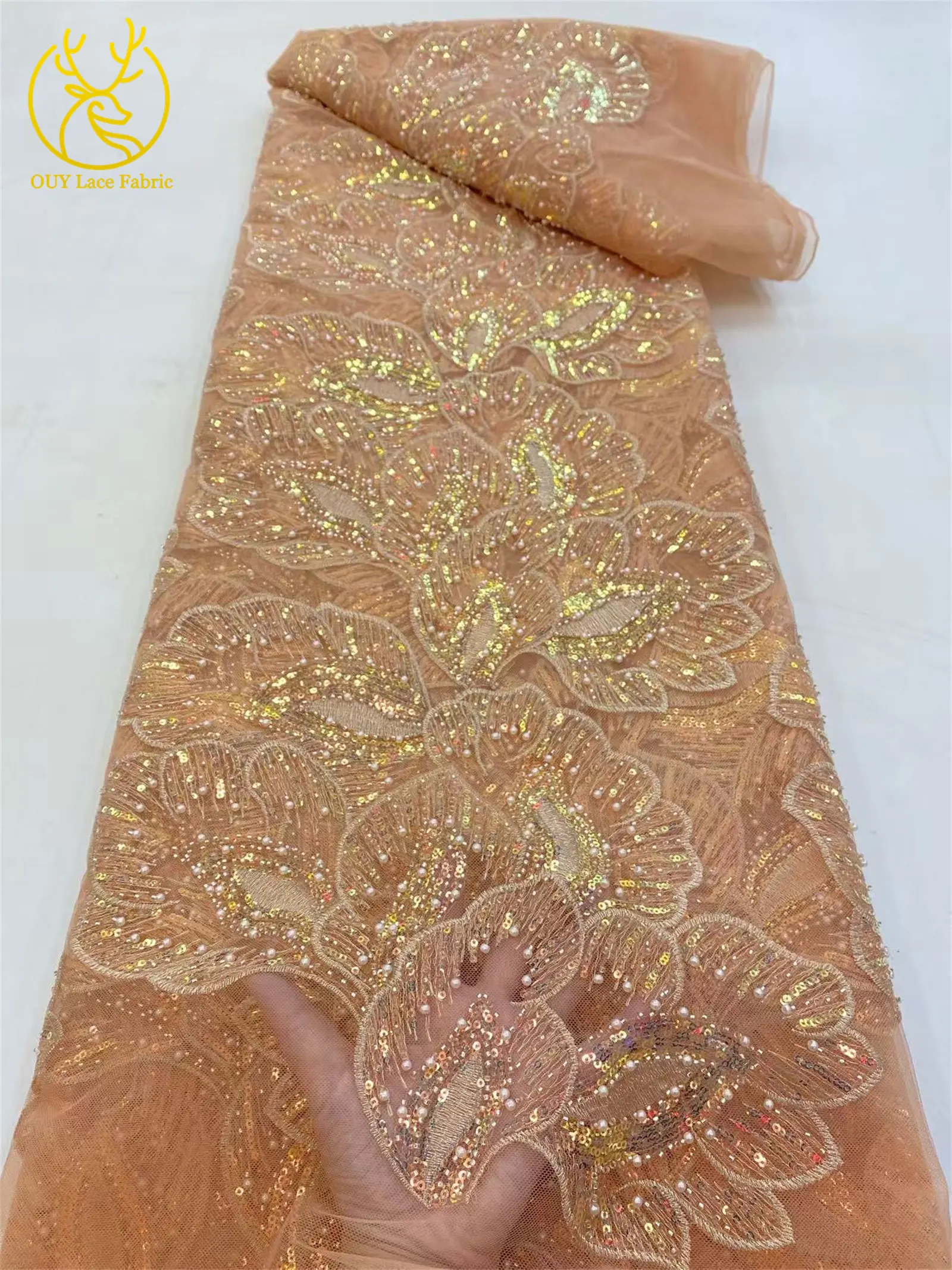 Eleganter afrikanischer Spitzenstoff mit Pailletten und Perlen, 5 Yards hochwertiger französischer Tüll-Spitzenstoff, nigerianischer Spitzenstoff für Braut- und Hochzeitsfeiern zum Nähen – Detail 10