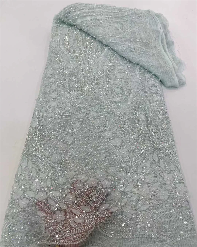 Fashion Blue African Lace Fabric Sequins Tulle Mesh Embroidery Lace for Wedding Bridal Fabrics High Quality Laces Dresses