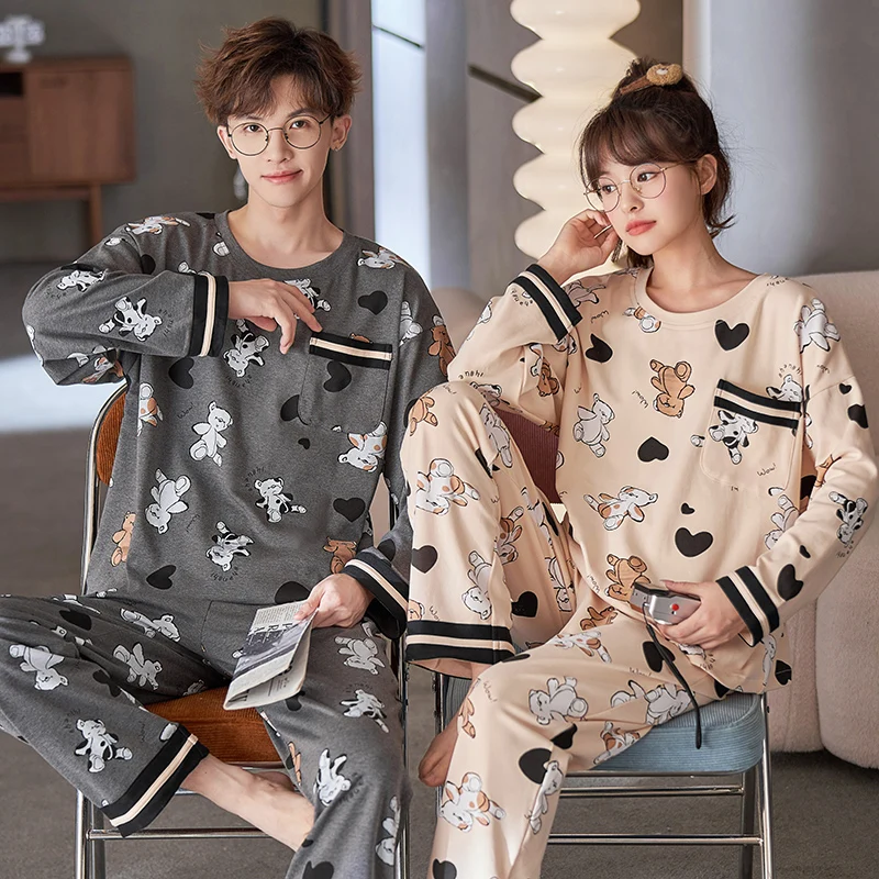 

Spring Lover Pajams Set Cotton Nightwear Men Women Long Sleeve Pyjamas Autumn Couples Loungewear Fashion Home Service Hombre