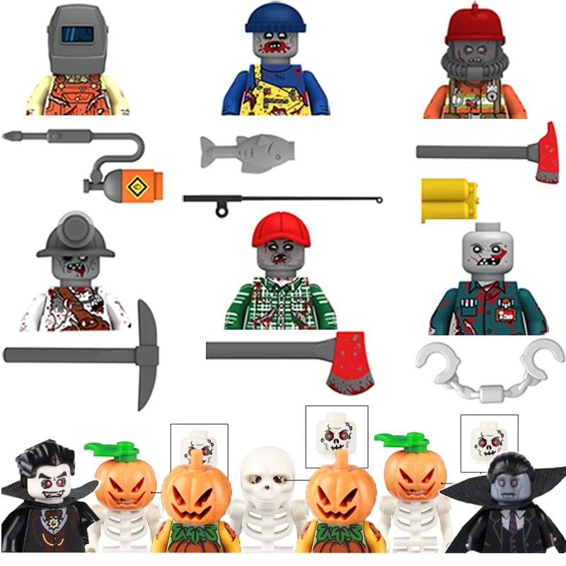 

Building Blocks Figures Equipment Halloween Series Mini Bricks Pumpkin Head Skeleton Miner Fireman Mutant Survivor Kids Toys