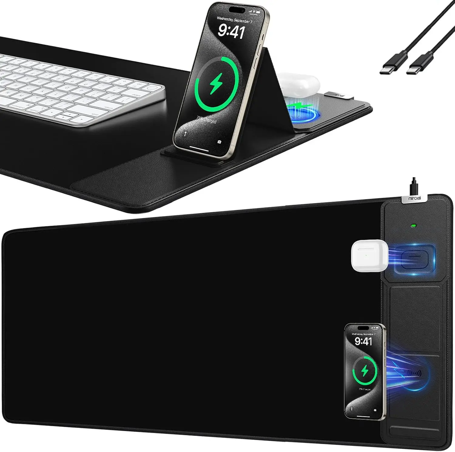 

Большой складной коврик для мыши с держателем для телефона и беспроводной зарядкой, нескользящий водонепроницаемый настольный коврик для дома и офиса