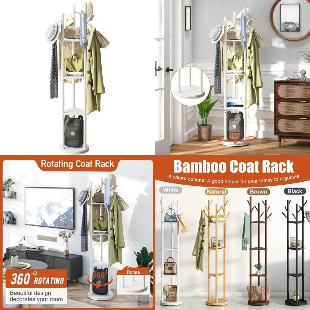 

Freestanding Bamboo Coat Rack with 3 Sections and 8 Hooks for Easy Assembly - Bedroom Storage Solution