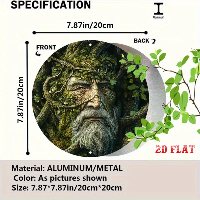 2D Flat - A Single Rustic Tin Sign in 2D Design Showcasing an Elderly Face Blended with Tree Roots And Leaves, Perfect for an Ar