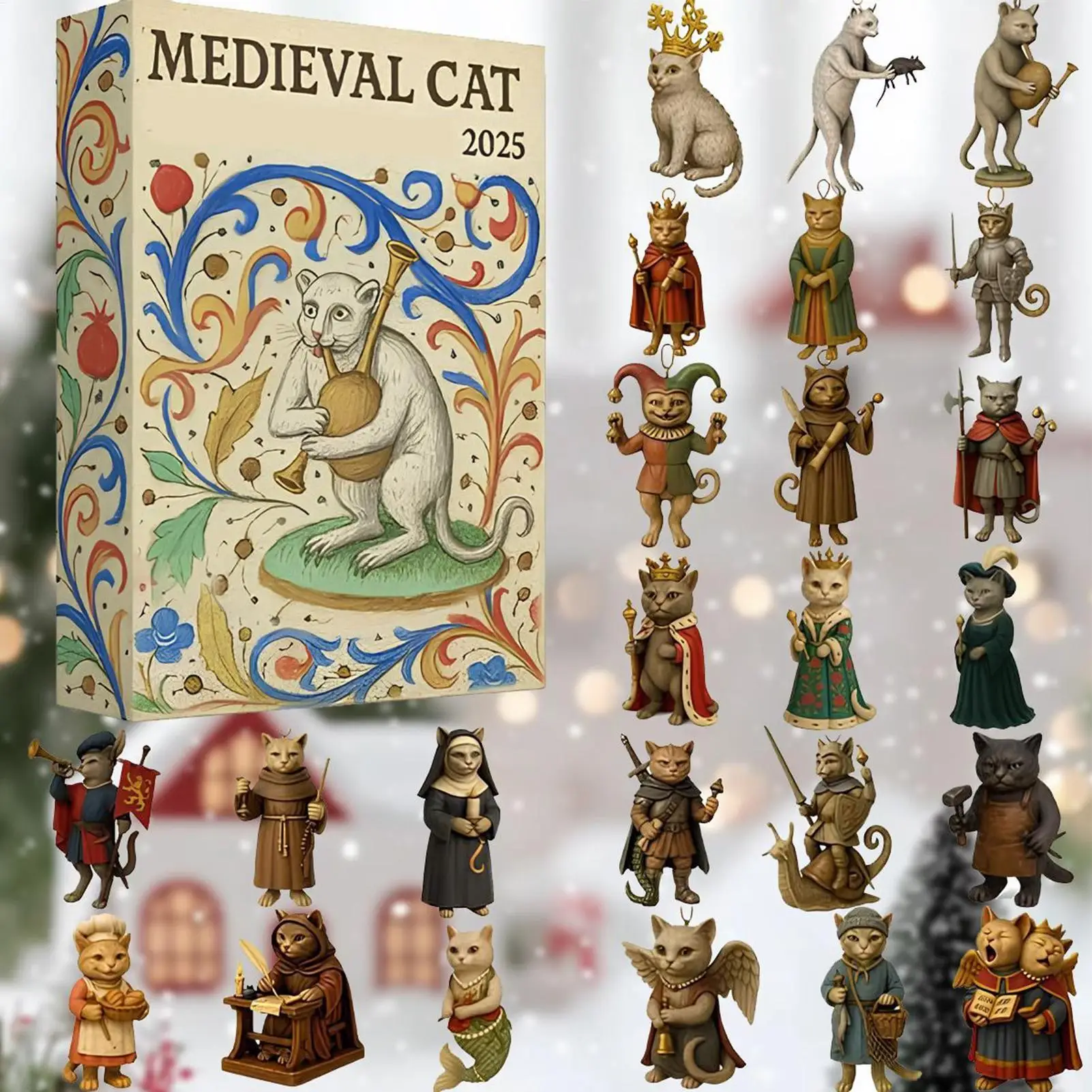 Calendario de Adviento de gato 2D de Navidad, calendario de cuenta regresiva de juguete plano con tema Medieval de 24 días, colgantes de gato para árbol de Navidad, regalo de Navidad