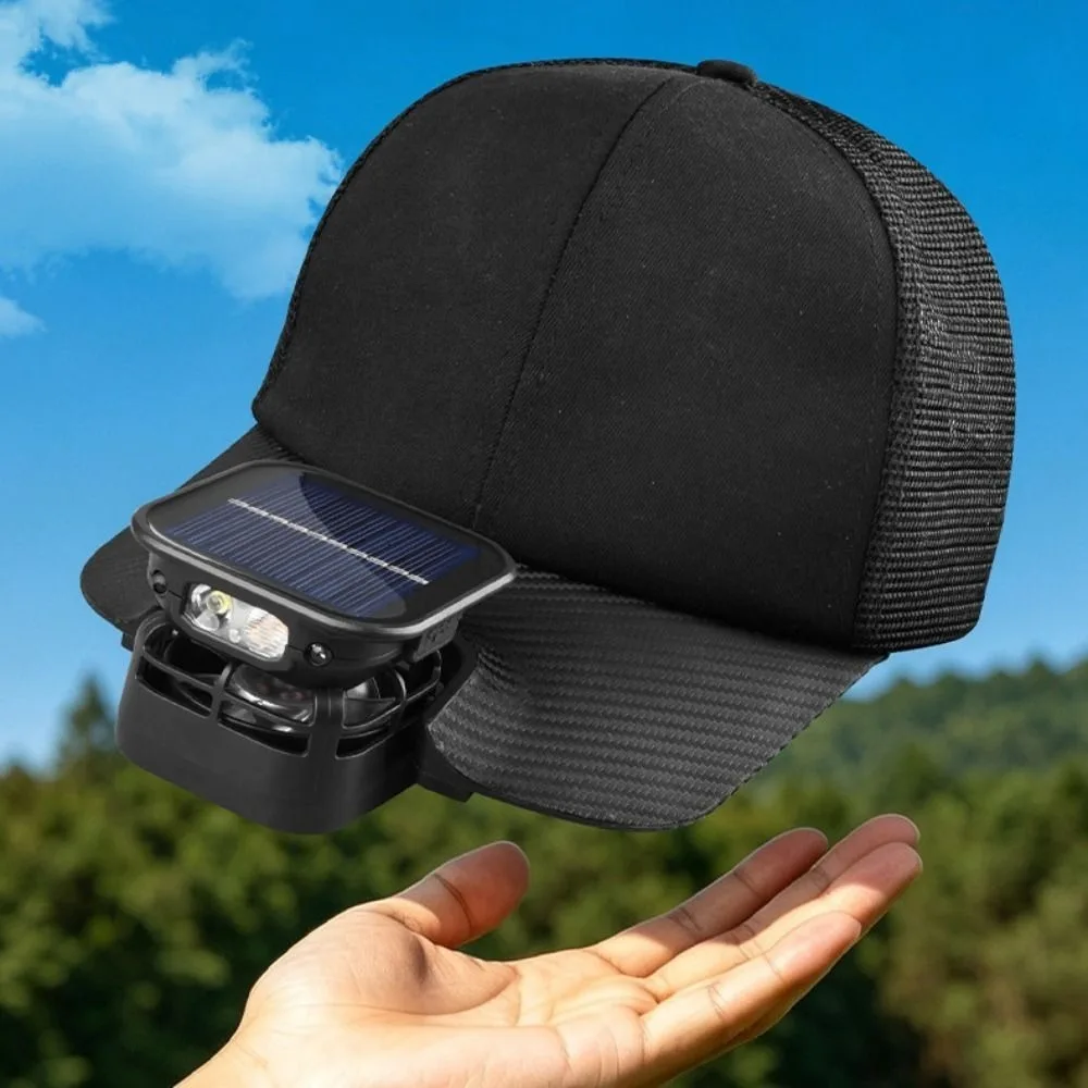 Solar Powered Solar Fan Light Rechargeable LED Headlamp Cooling Fan Light Digital Display Breathable Mesh Fishing Lamp with Fan