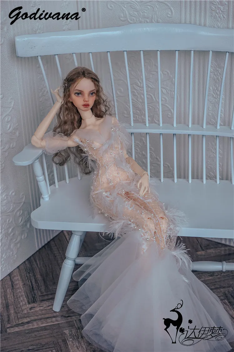 High End Heavy Handmade BJD Mermaid Evening Gown Doll Dress Elegant Feather Beaded Tulle Wedding Outfit for 1/3 Large Girl Doll
