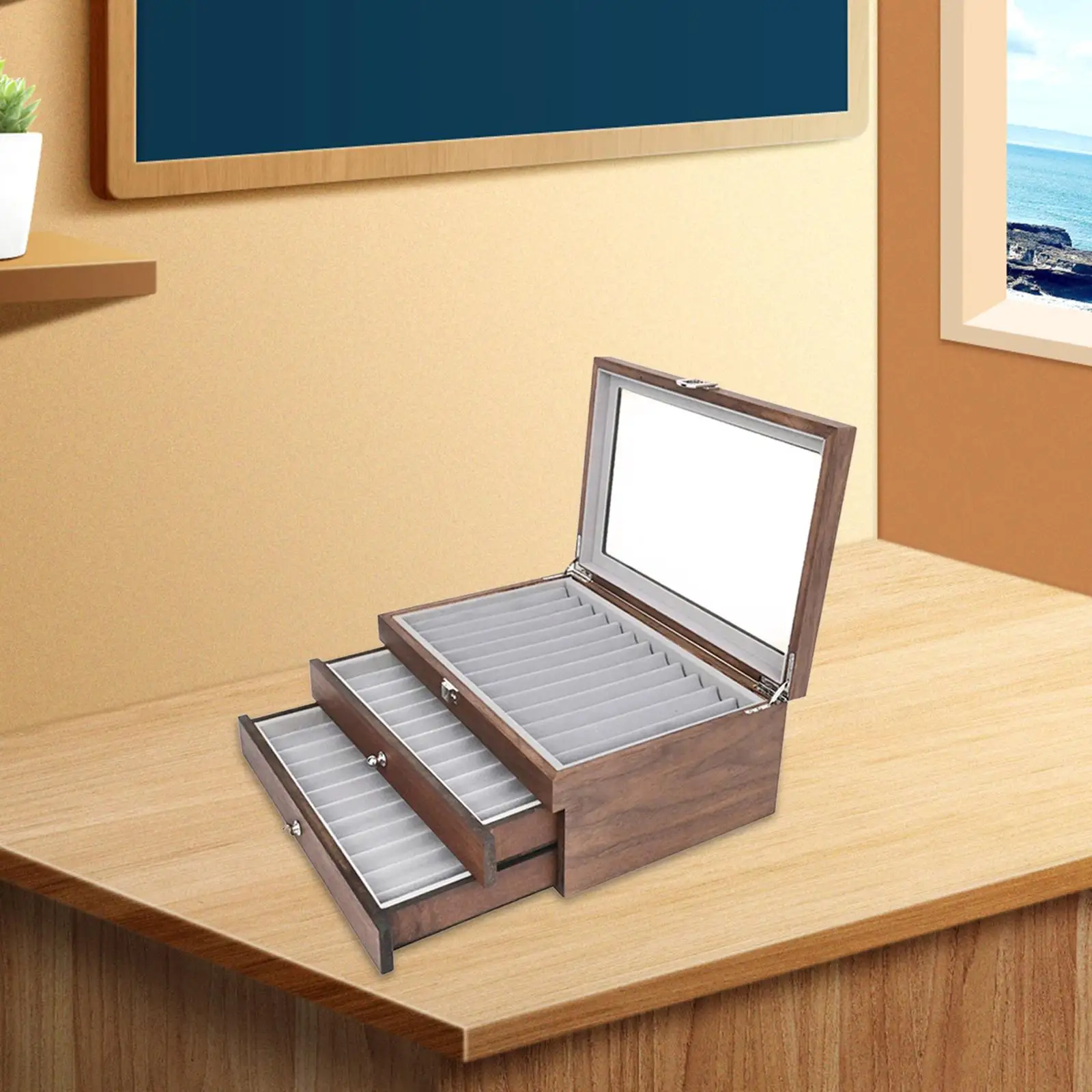 34 Slot Wooden Pen Case with Clear View Lid for Desk Organization Display