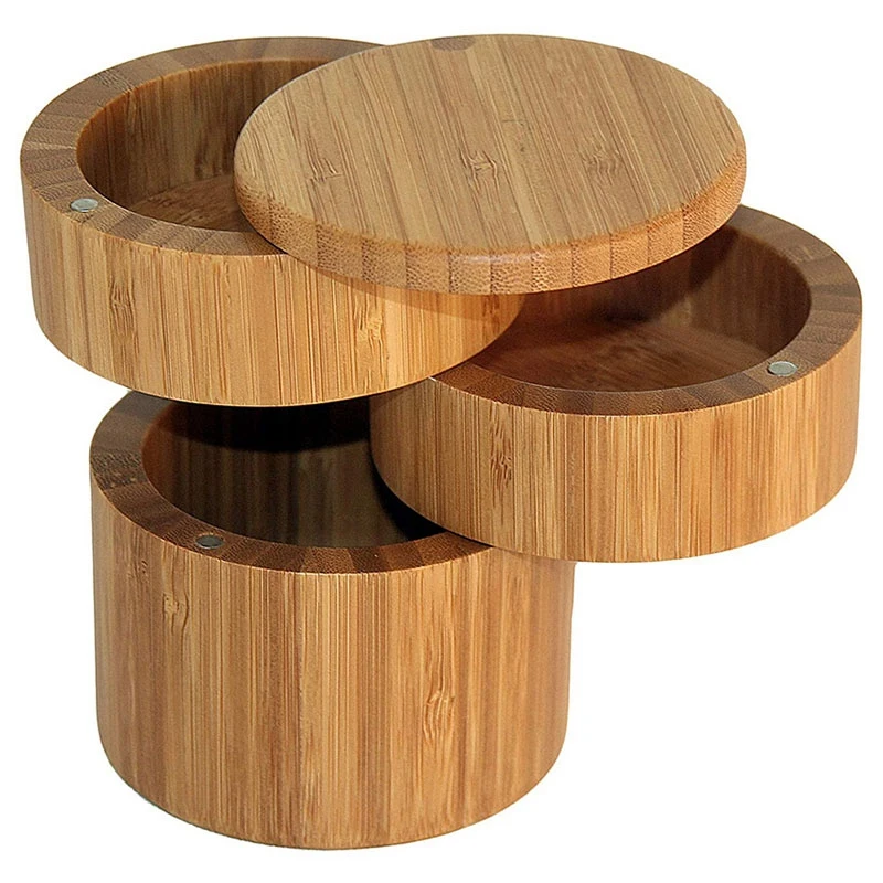 Bamboo Triple Salt Box,Wood Box,3-Tier Round Bamboo Box For Salt Or Spice With Magnetic Swivel Lid Spice Storage Box