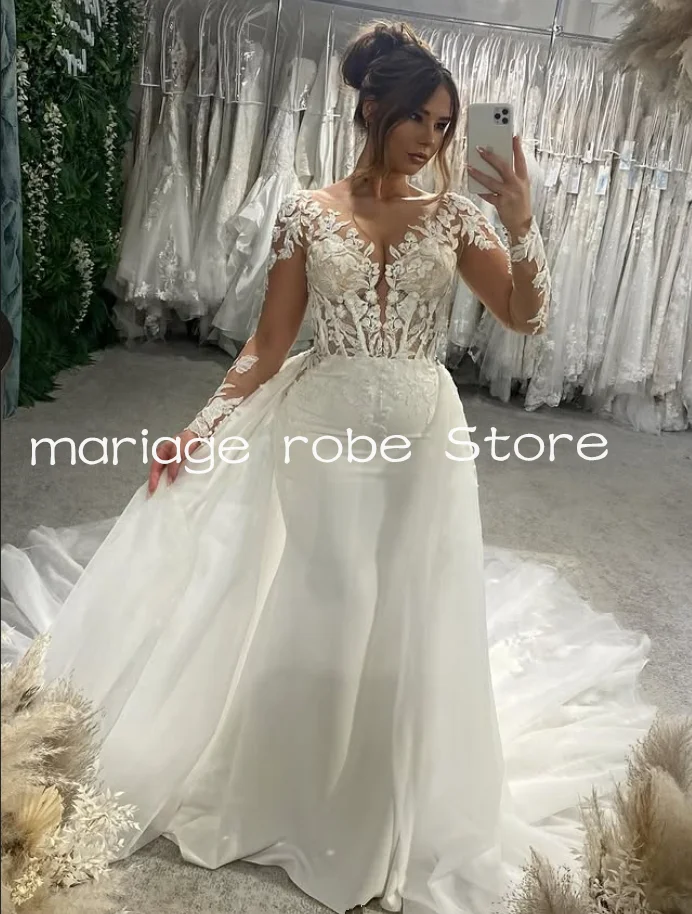 

Beach Backless Mermaid Wedding Dresses With Detachabel Train Illusion Long Sleeve Applique Boho Bridal Gown Customsized