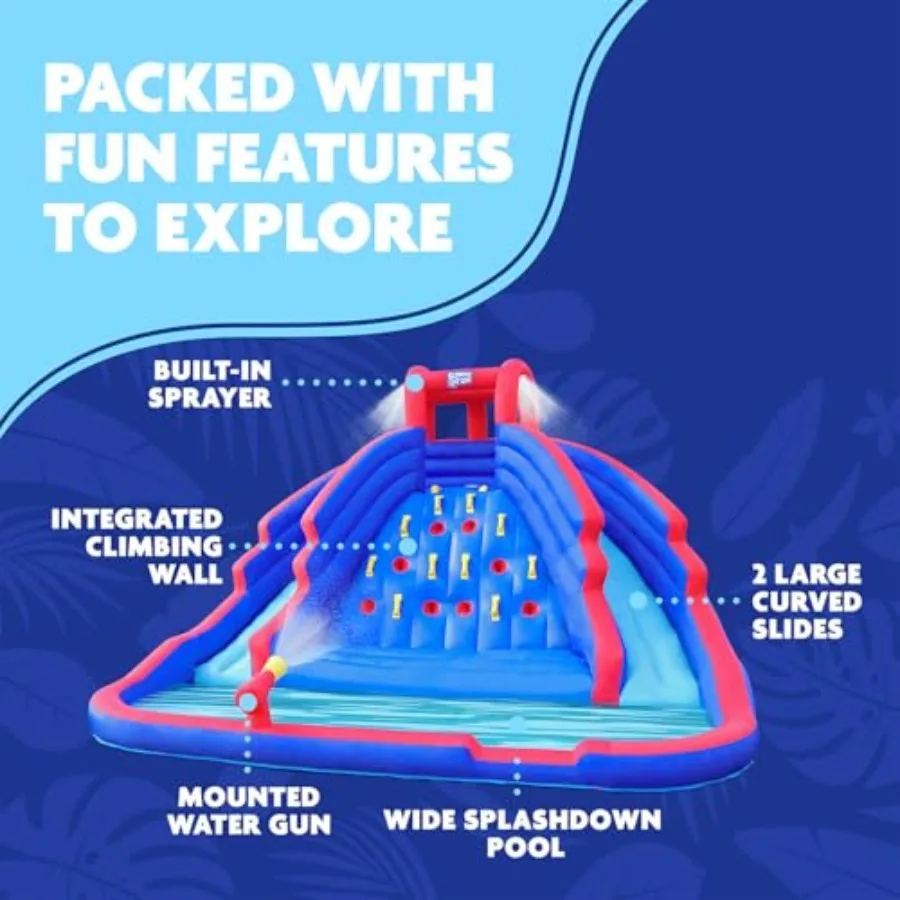 Outdoor inflatable water slide park with heavy-duty PVC blue and red featuring climbing wall two slides splash pool quick setup
