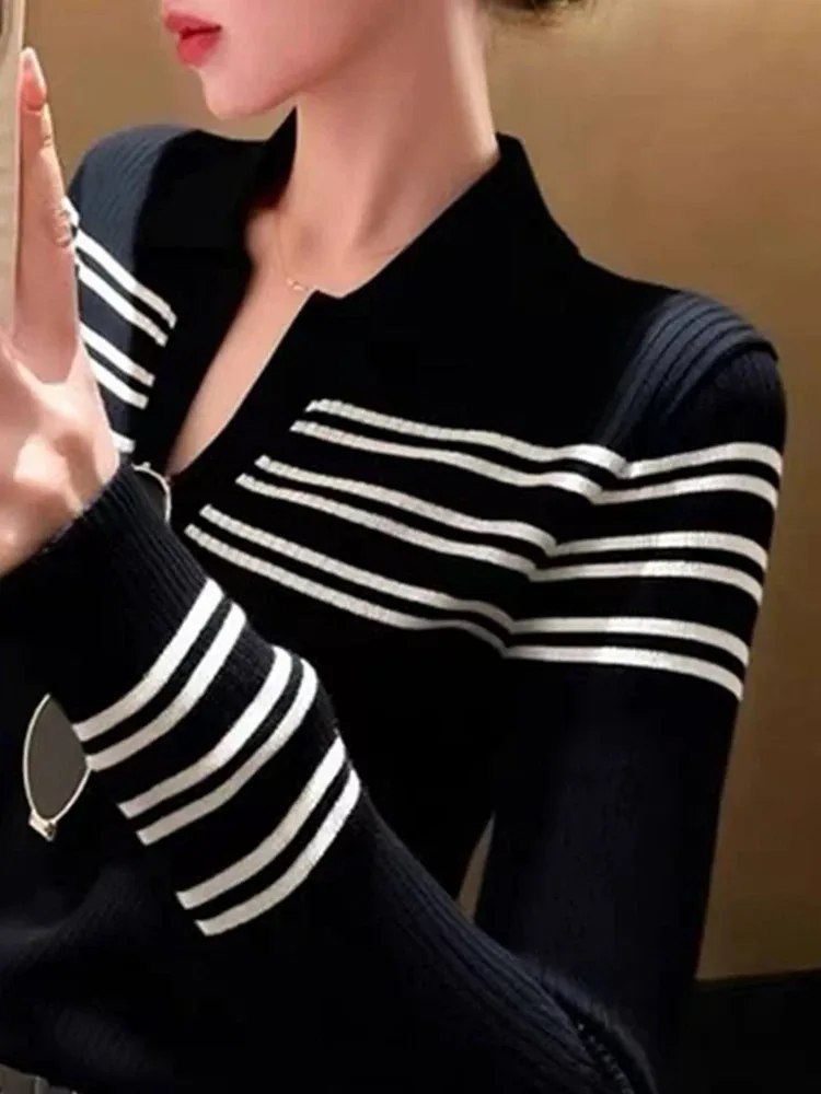 Korean Style Slim Fit Striped Half Open Collar Knitted Sweater Women's Base Layer Top Fashionable Versatile Black High End Fe...