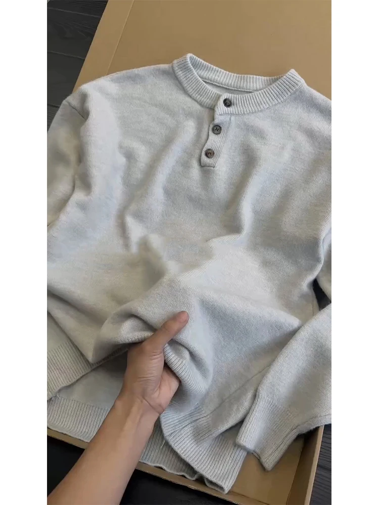 

Мужской вязаный свитер Henry Collar: мягкий, свободный крой, длинный рукав, однотонный, для зимы