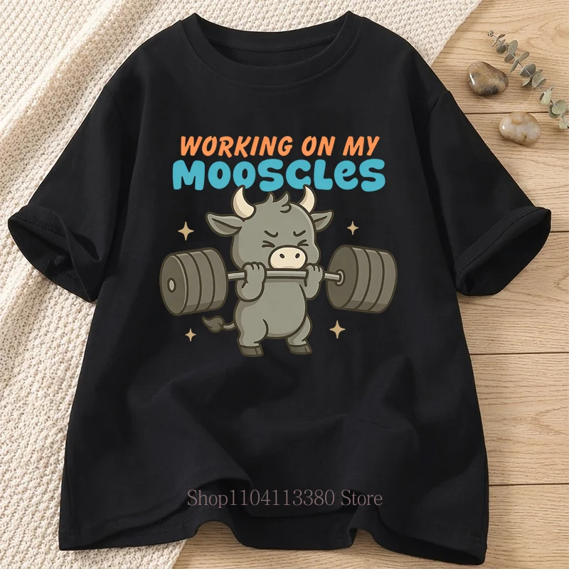 Working on My Mooscles Funny Cow Print T-shirts for Women Men Summer Casual Fashion Loose Tops O-Neck Short Sleeve T-shirts
