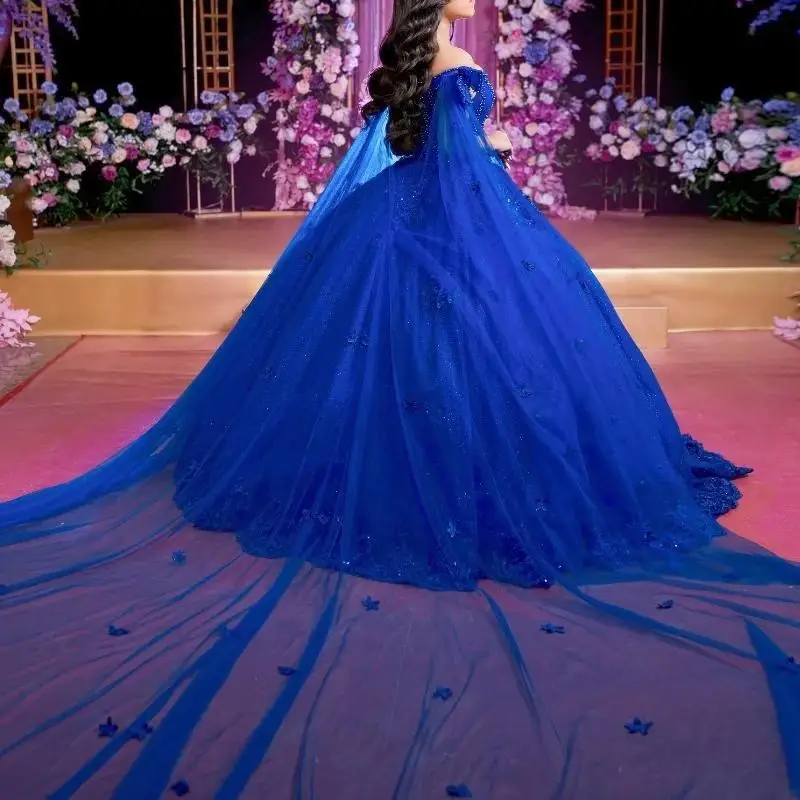 Luxury Royal Blue Quinceanera Dress Ball Gown Off The Shoulder Lace Appliques Beads Tull Sweet 16 Vestidos De 15 Quinceañera