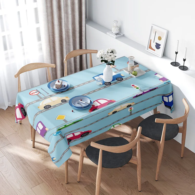 Blue Cars Printed Tablecloth Dining Room Decor Waterproof Easy Washable for Kitchen Parties Events Rectangular Shape Size160cm X