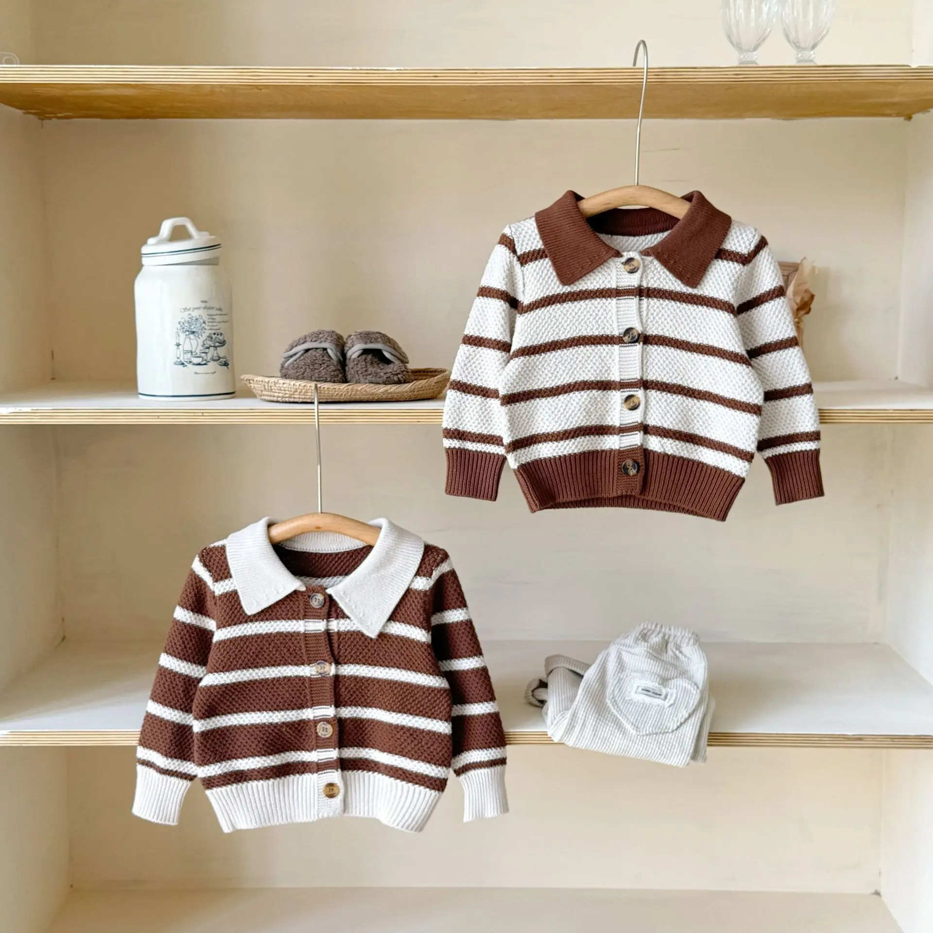New Color Blocking Striped Polo Collar Knitted Sweater Long Sleeved Top For Baby Girls Cardigan Jacket