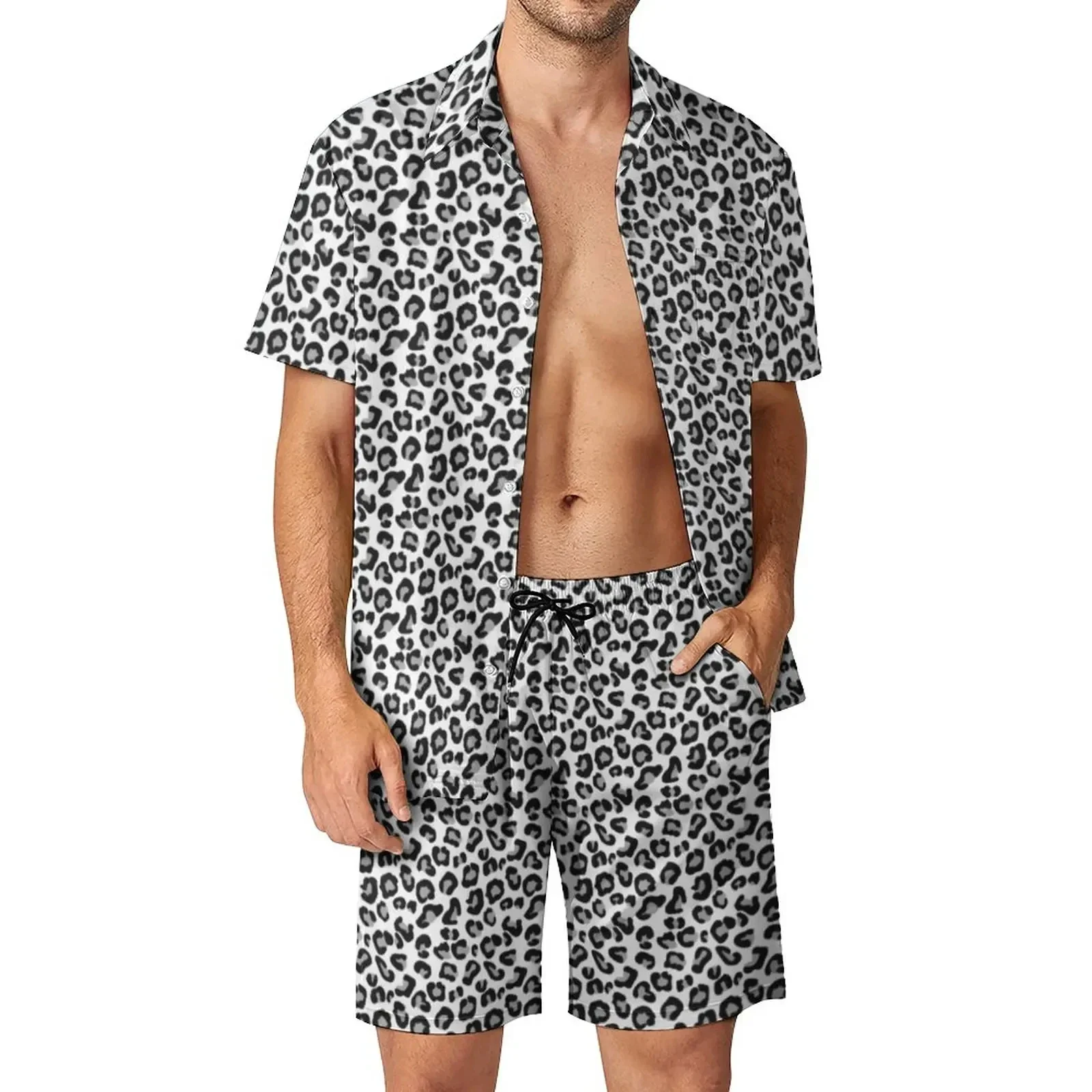 Shirt Met Luipaard Dierenpatroon 2 Stuks Sets 3d Heren Casual Mouwen Oversized Strandshorts Hawaiiaanse Streetwear-Pakken