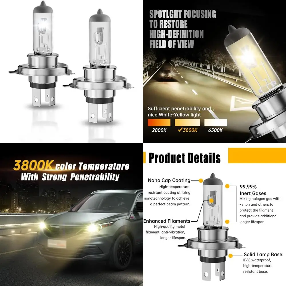 

9003/H4 Halogen Headlight Bulb, 12V 55W Head Lamps, 4000 Lumens, 3800K，H4 Head Light Bulbs for Car, High and Low Beam，Automotive
