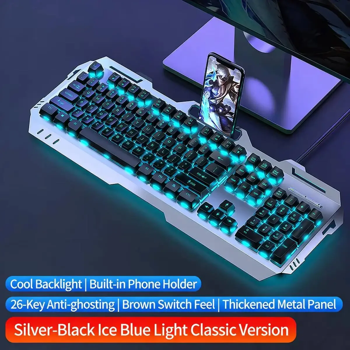 

Mechanical Gaming Keyboard Tea-Style Switch RGB Backlit Ergonomic Wrist Rest Metal Panel Waterproof Wired Keypad for PC Laptop