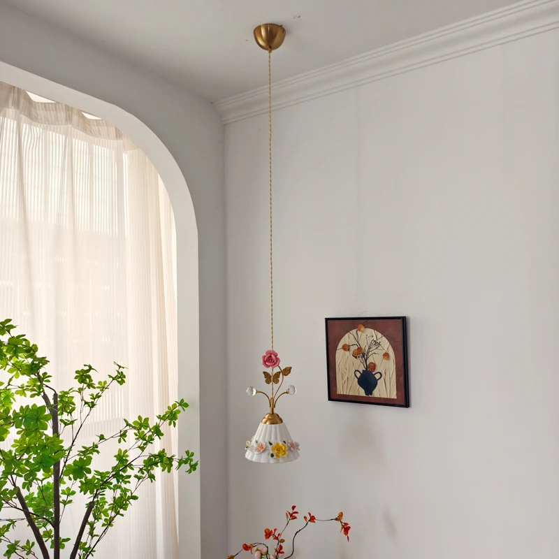 ضوء قلادة على شكل زهرة فرنسية على الطراز الريفي دافئ ورومانسي إبداعي من السيراميك الممر ومنضدة بار لغرفة النوم بجانب السرير #2