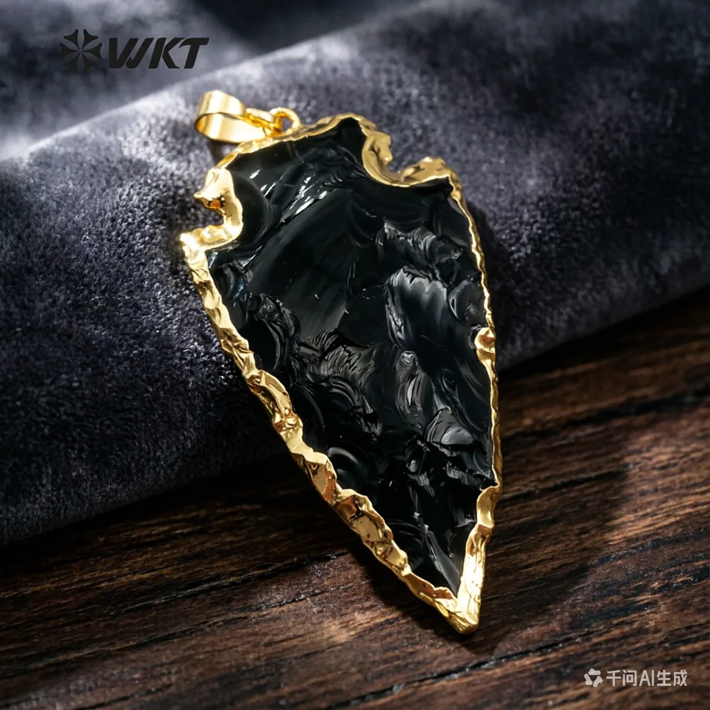 WT-P239 WKT Newest Natural Black Obsidian Stone Arrowhead Shape Pendant Connector With 24k Gold Electroplated For Jewelry Making
