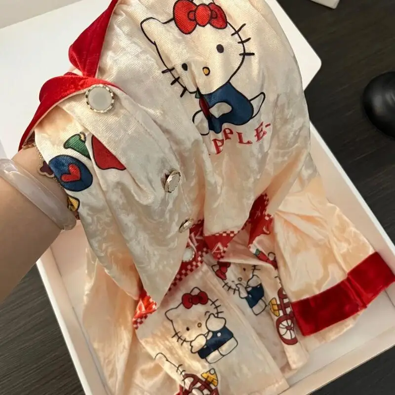 Hello Kitty Gold Velvet Pajamas Women's Autumn Winter New Long-Sleeved Trousers Contrasting Stripes Home Clothes Suit Cartoon