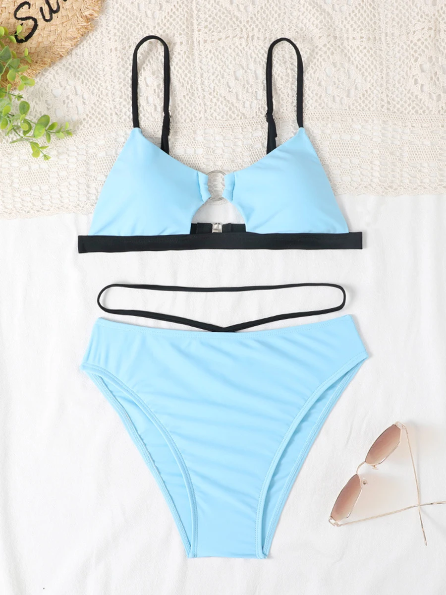 Hollow Out Bikini 2024 Women Ring Link Swimsuit Solid Padded Swimwear Female Bathers BathingSwimming Swim Suit Beachwear