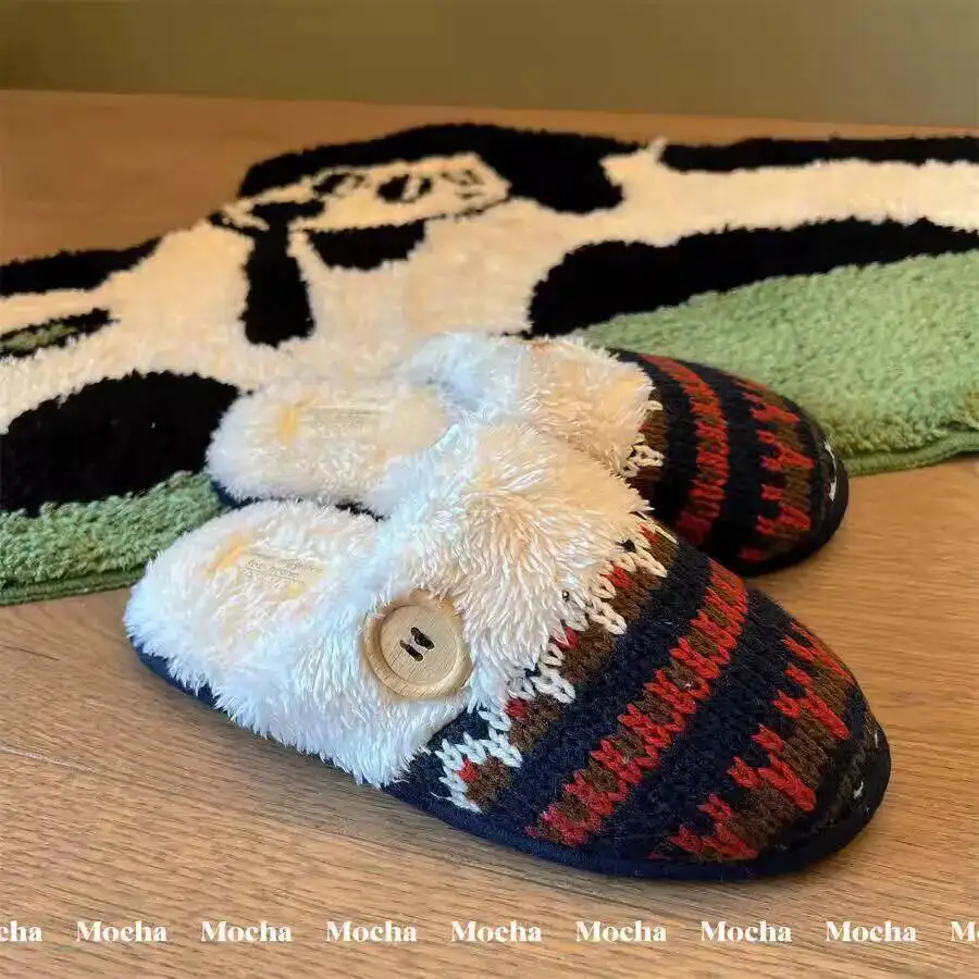 

Женские домашние тапочки, осень-зима 2023, милые меховые тапочки в стиле ретро, домашние теплые хлопковые нескользящие вязаные домашние туфли на толстой подошве