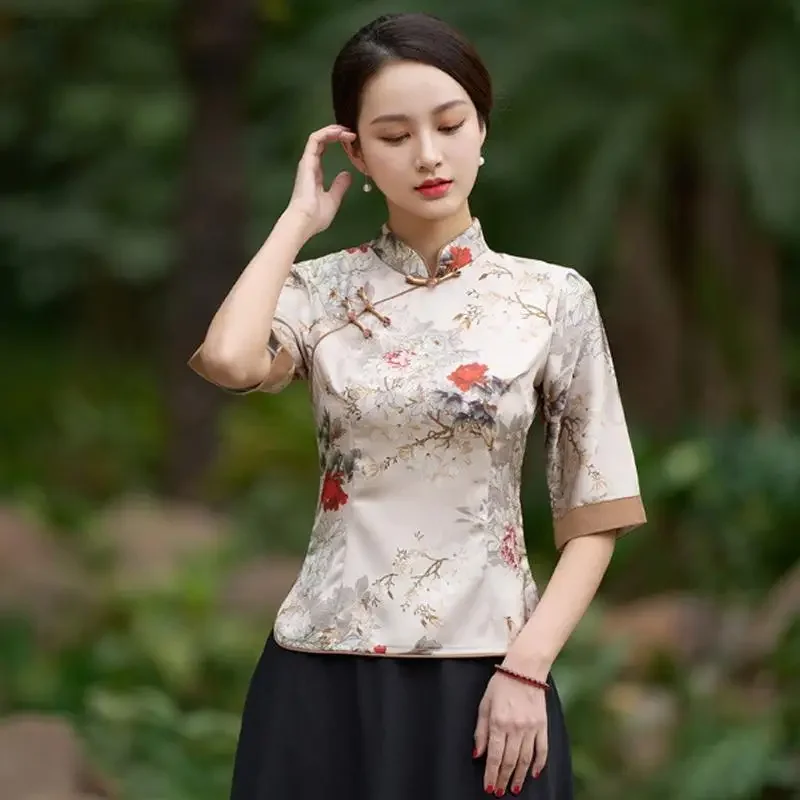 Retro Ethnic Hanfu Tops New Chinese Style Tang Suit Shirt Summer Mid Sleeve Improved Print Shirt Mandarin Collar Oversize Blouse