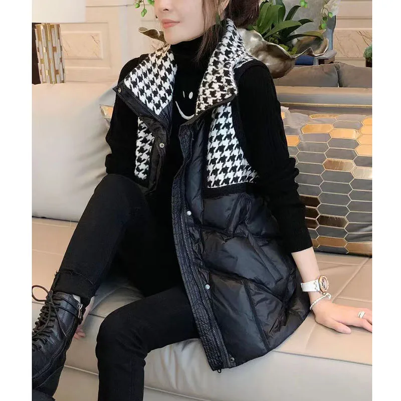 New Womens Plaid Splicing Down Cotton Vest Coat Autumn Winter Black Sleeveless Cotton Jacket Female Casual Warm Puffer Waistcoat